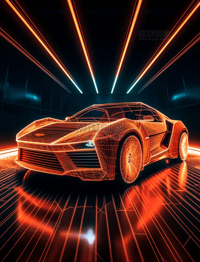 橙色光线超跑透视感线条科技未来场景图