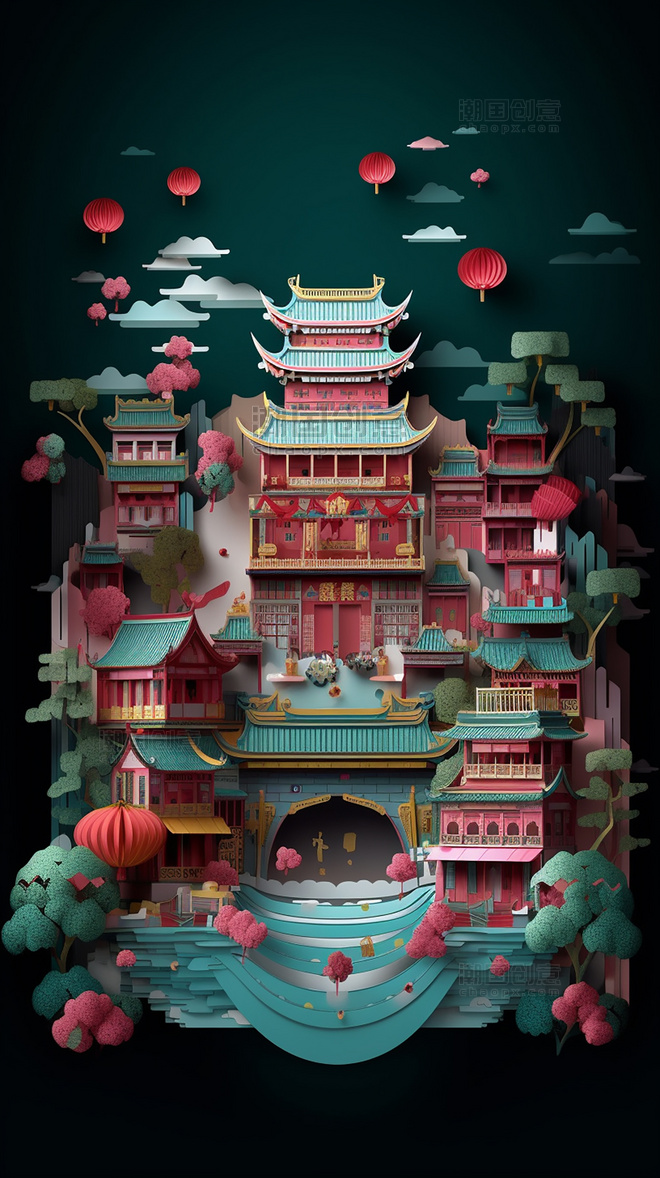 西安建筑中国超美插图春季城市剪纸艺术中国建筑平面插图