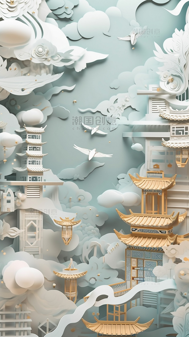西安大唐芙蓉园春季城市剪纸艺术中国超美插图中国建筑平面插图