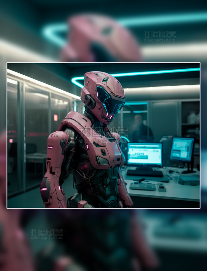在实验室里的暗粉色人形智能科幻机器人特写镜头科技