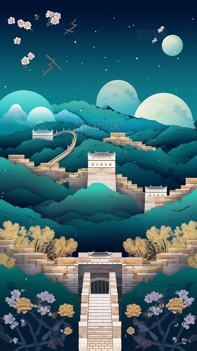 春季城市北京长城剪纸艺术中国超美插图中国建筑平面插图