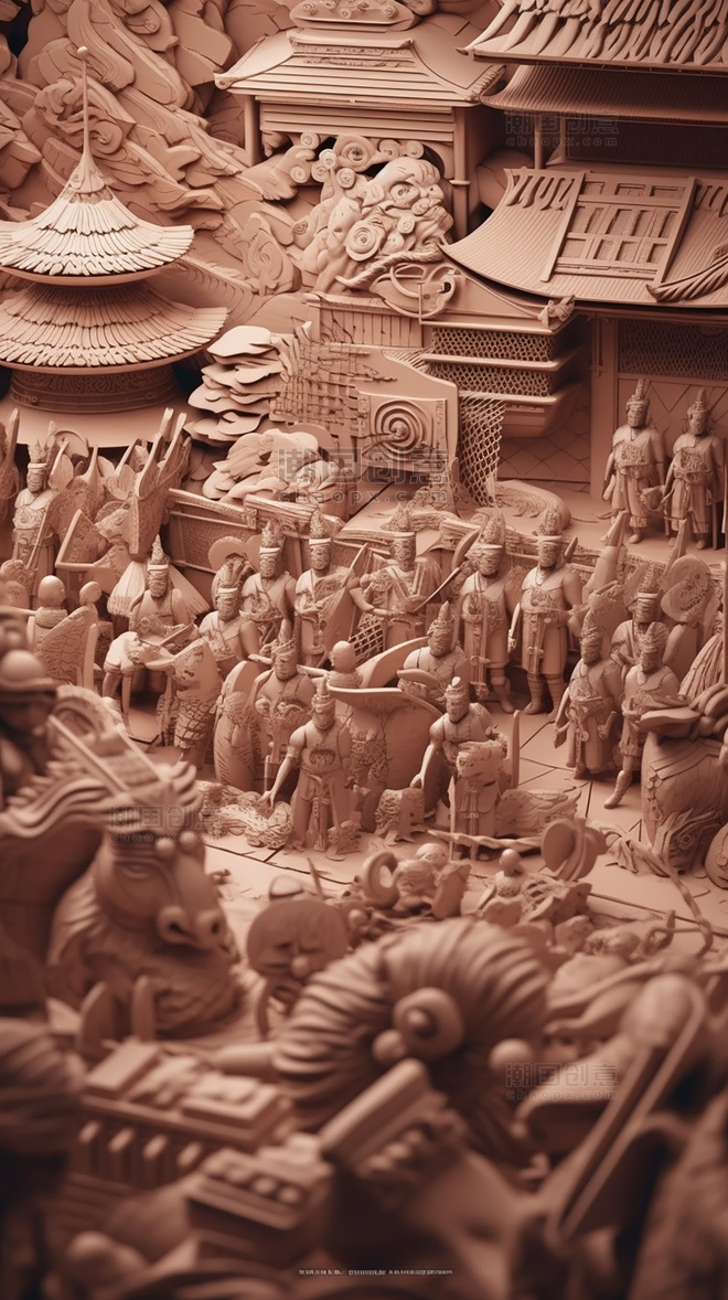 西安秦始皇兵马俑中国超美插图春季城市剪纸艺术中国建筑平面插图