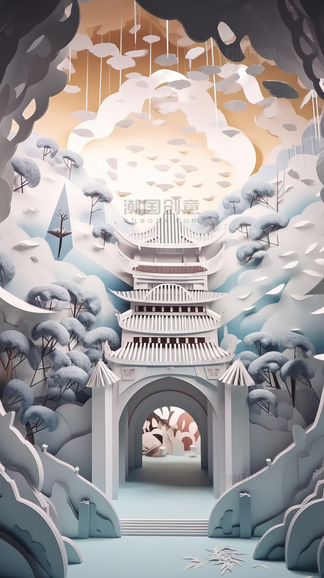 剪纸艺术西安钟鼓楼中国超美插图春季城市中国建筑平面插图
