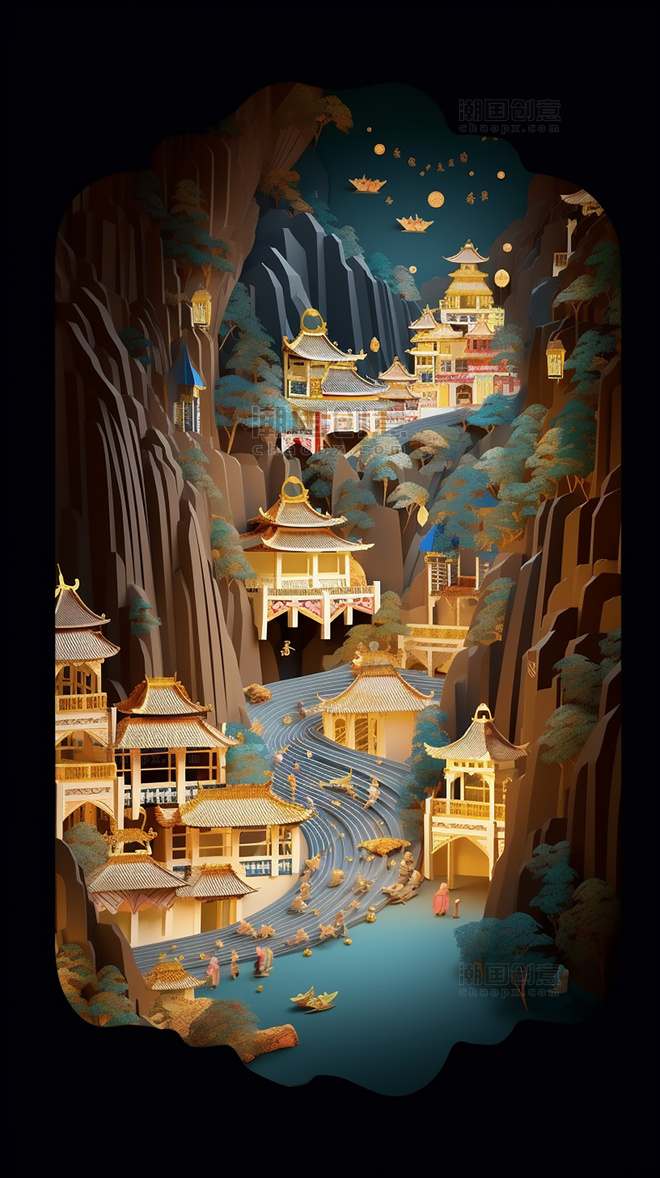 重庆夜景洪崖洞中国超美插图春季城市剪纸艺术中国建筑平面插图