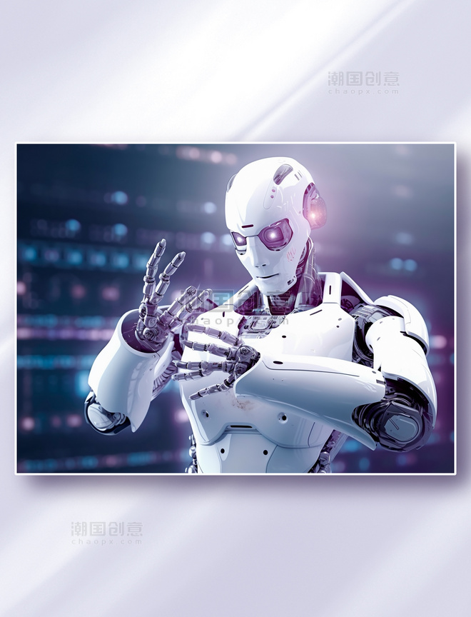 白色仿生智能科幻机器人在看自己的双手科技