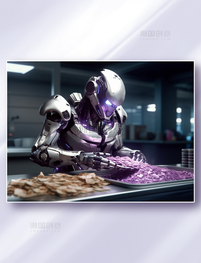 银紫配色智能科幻机器人在检查材料科技