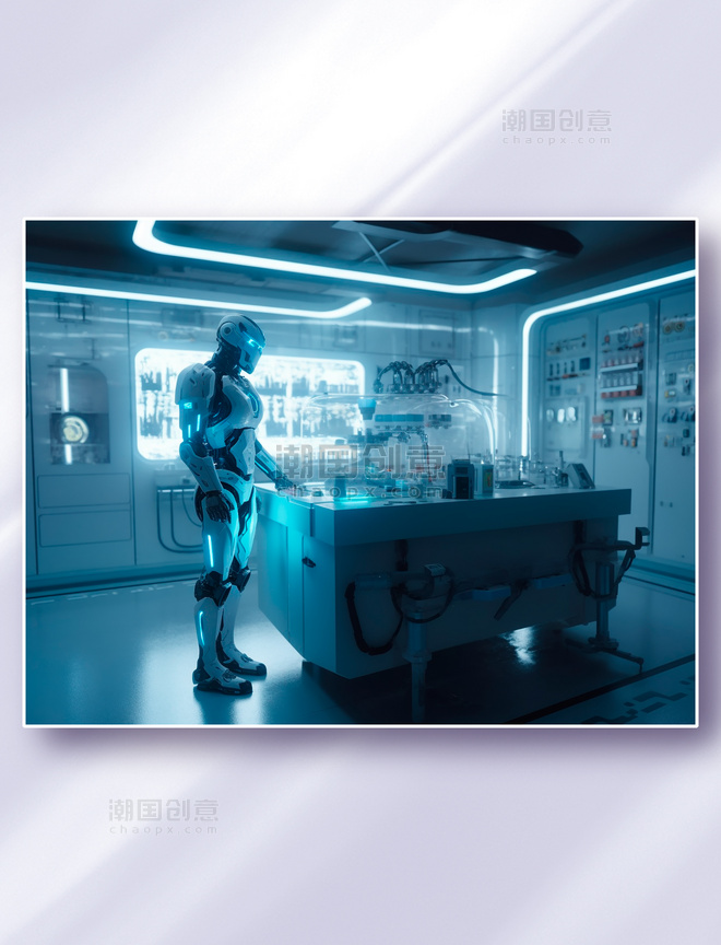 站在实验室观察的人型科幻智能机器人战士科技