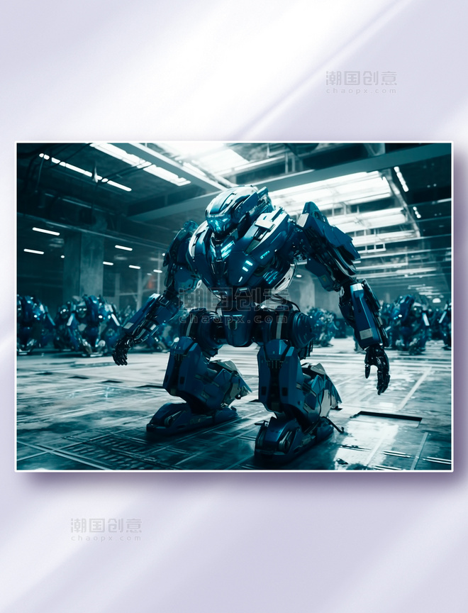 深蓝色机甲战士科幻智能机器人制造基地工厂科技
