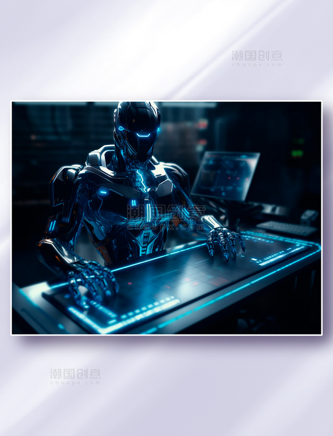黑蓝色超智能人形机器人在作战室里控制指挥台面板科技