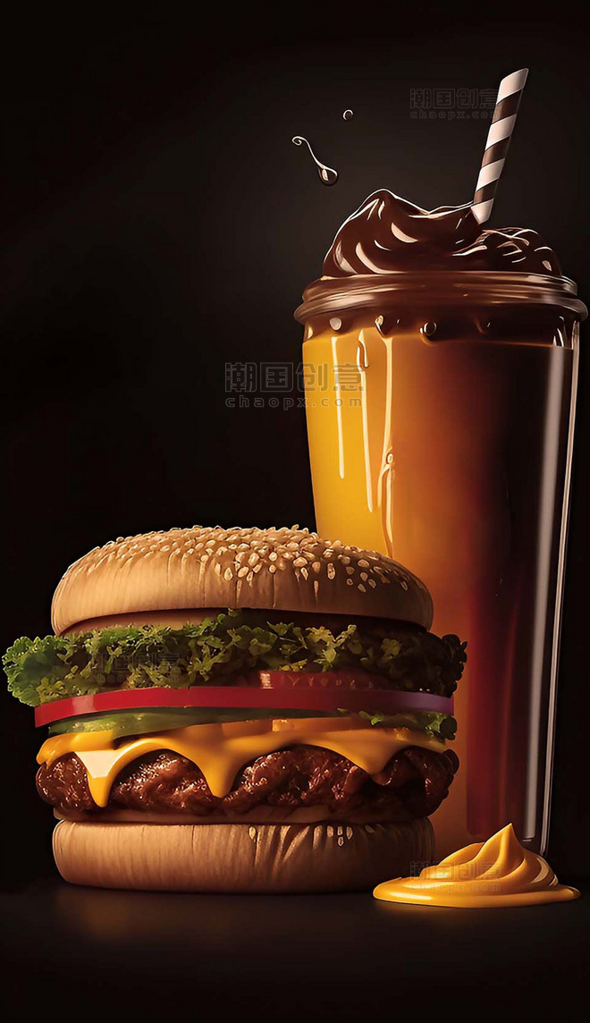 逼真美味汉堡及饮品宣传美食广告