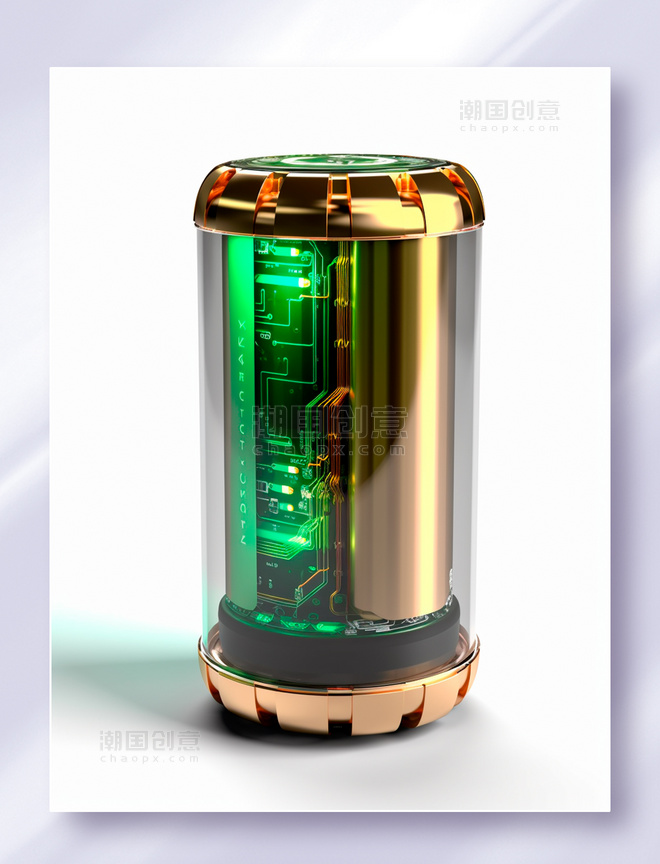 科幻电路板绿光金色能源电池