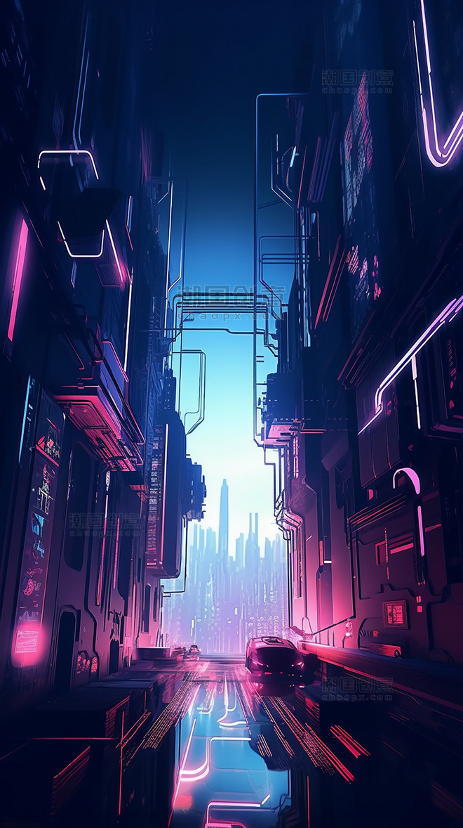 蓝紫色赛博都市科幻城市插画