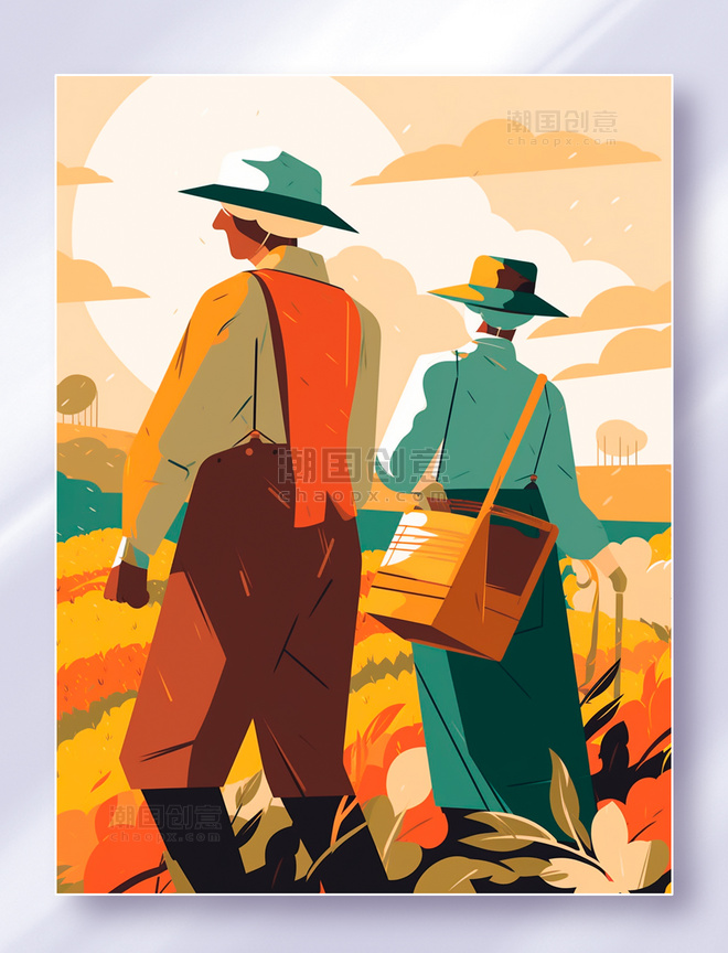 美丽的田野里两个准备去农场劳动的农民