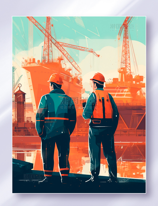 蓝橙色扁平插画戴着安全帽的工人站在造船厂前工作五一劳动节