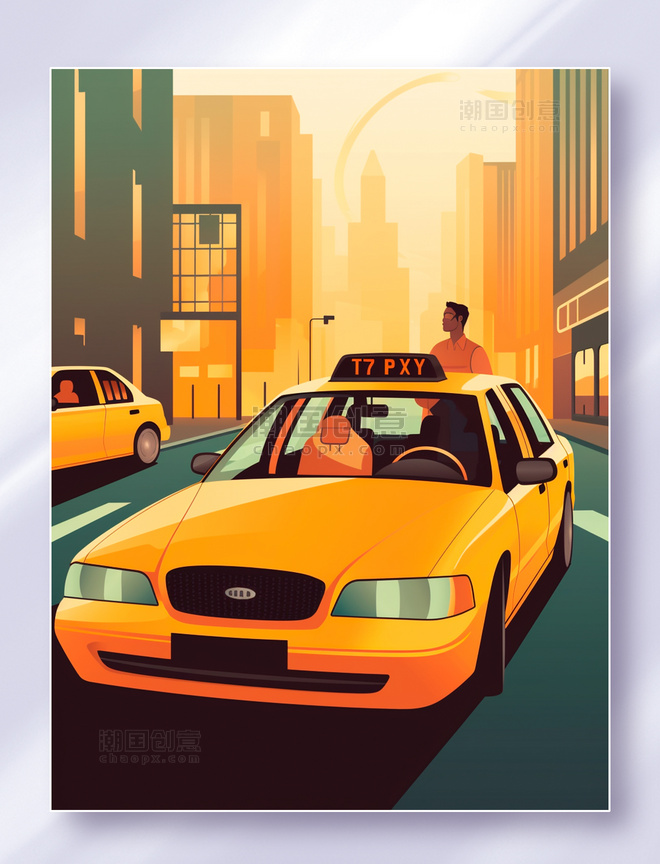 在城市街头的出租车和司机师傅场景插画