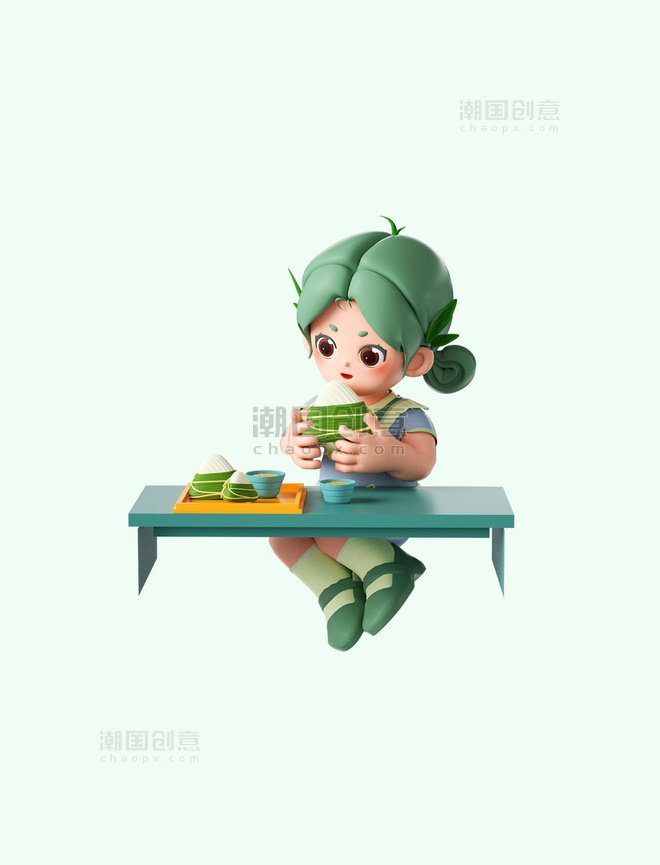 端午节3D立体女孩吃粽子