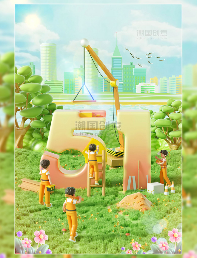 51劳动节3D立体城市建筑工人场景海报