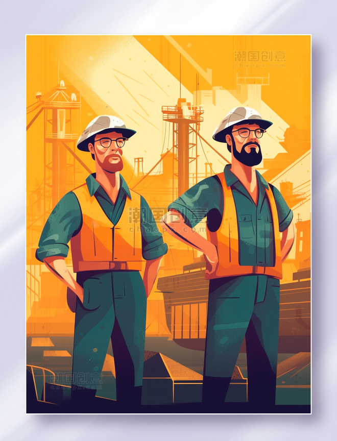 两个戴着安全帽的工程师工人站在造船厂前面五一劳动节