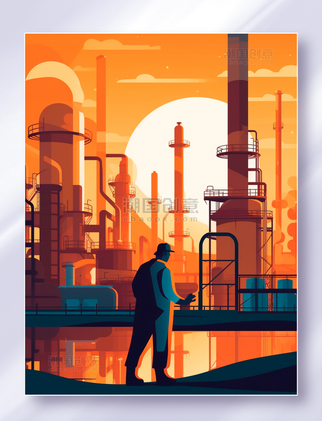 橙色场景插画夕阳下站在化工厂前面的工人工程师五一劳动节