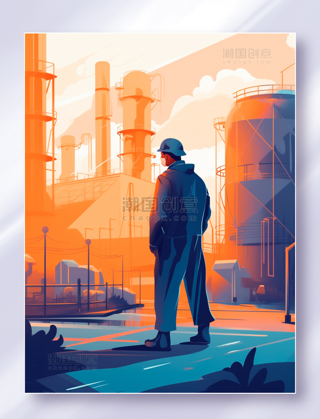 蓝橙色风格扁平插画工人戴着口罩站在工厂前面五一劳动节