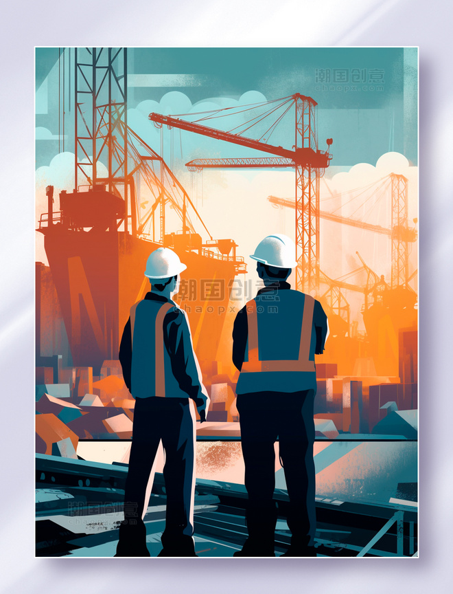 戴着安全帽的两位工人工程师在码头监督造船厂施工插画五一劳动节