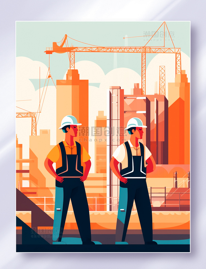 橙色城市建筑剪影前的两个白帽工程师五一劳动节