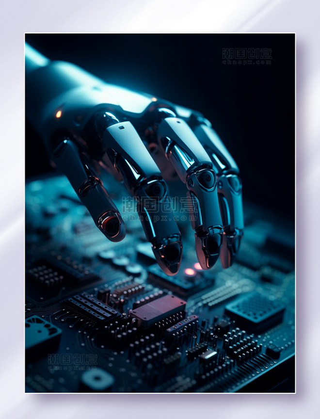 去触摸电路板的白色人工智能机器人手掌