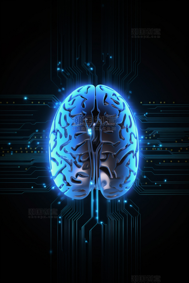 3D立体科技风蓝色冷色赛博朋克人工智能芯片组成大脑主板传输信息