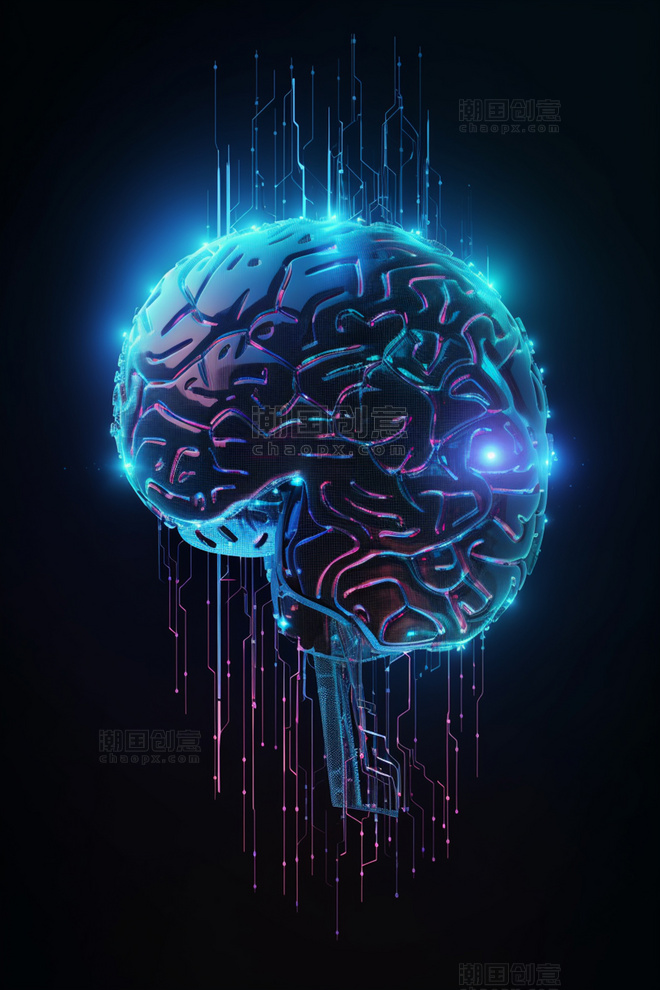 3D立体科技风蓝色冷色发光赛博朋克人工智能芯片组成大脑传输信息