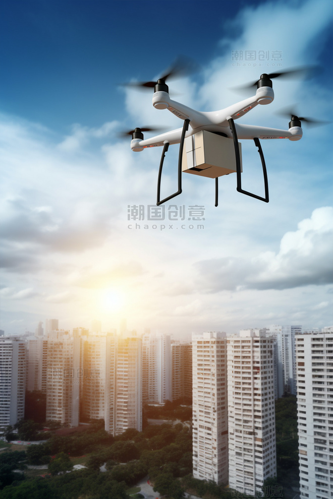 无人机在城市高楼建筑空中飞行快递送货科技智能家电