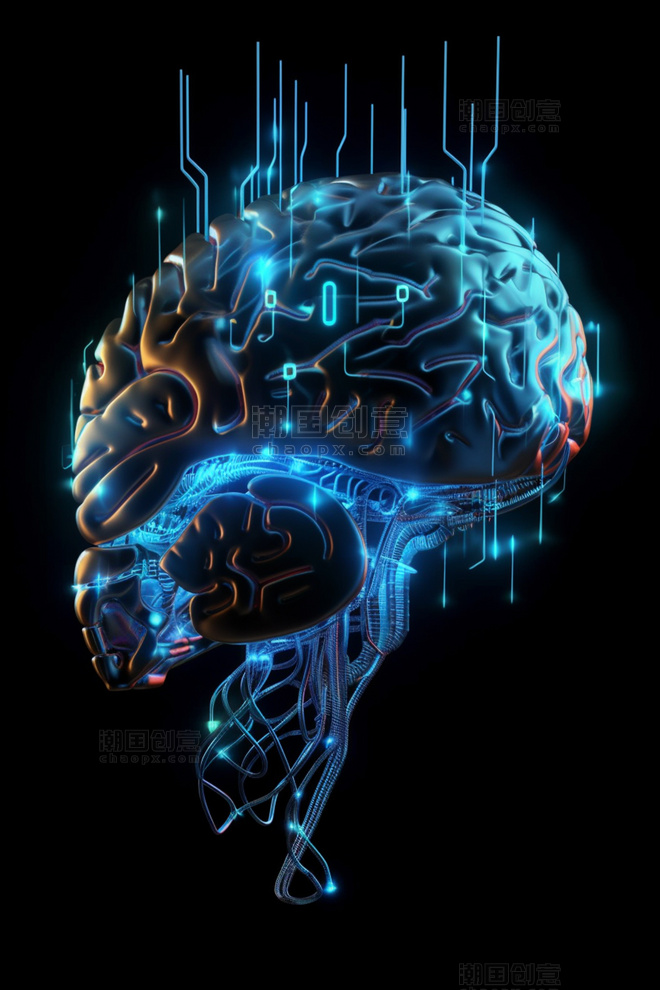 3D立体科技风蓝色赛博朋克人工智能信息传输芯片大脑