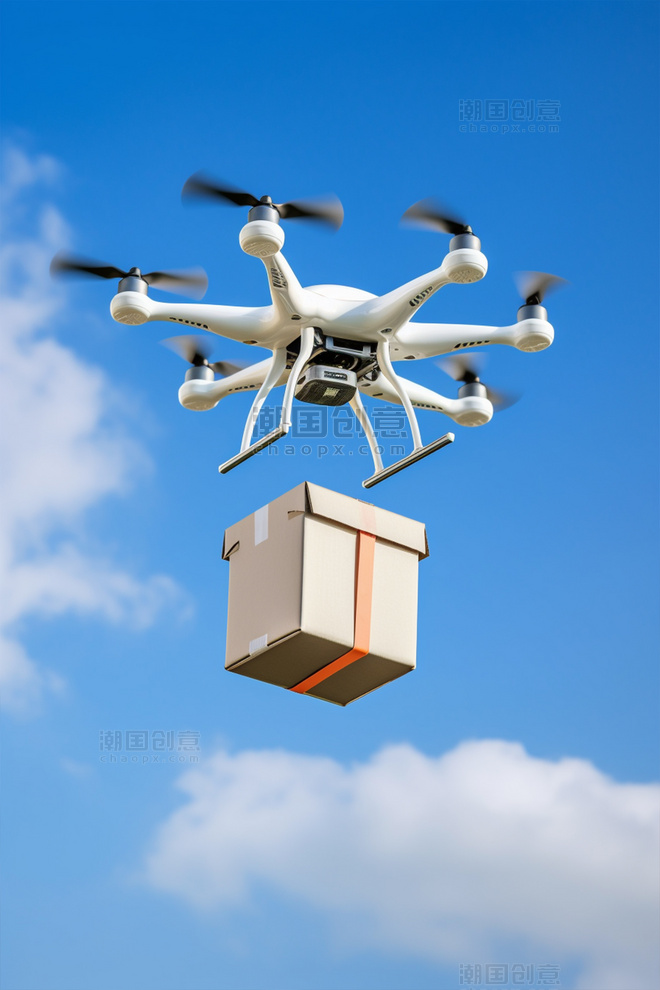 无人机蓝天空中飞行快递送货科技智能家电