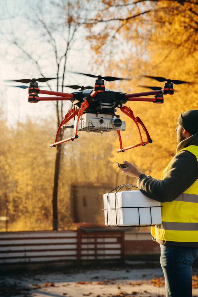 无人机秋季在空中飞行快递送货收货科技智能家电