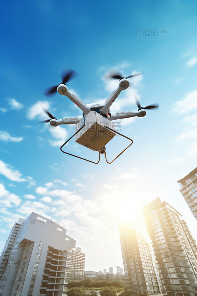 无人机在城市上空飞行快递送货科技智能家电