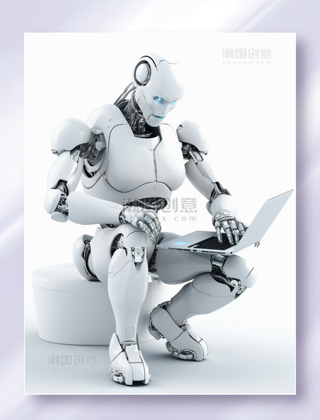 坐在圆凳上操作笔记本电脑的人型科幻智能机器人