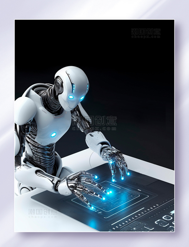 人工智能白色科幻机器人在操控控制界面