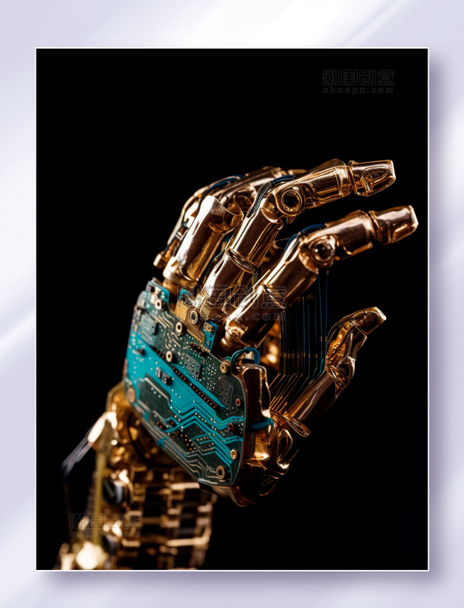 带电路板的金色机器人手掌机械手特写