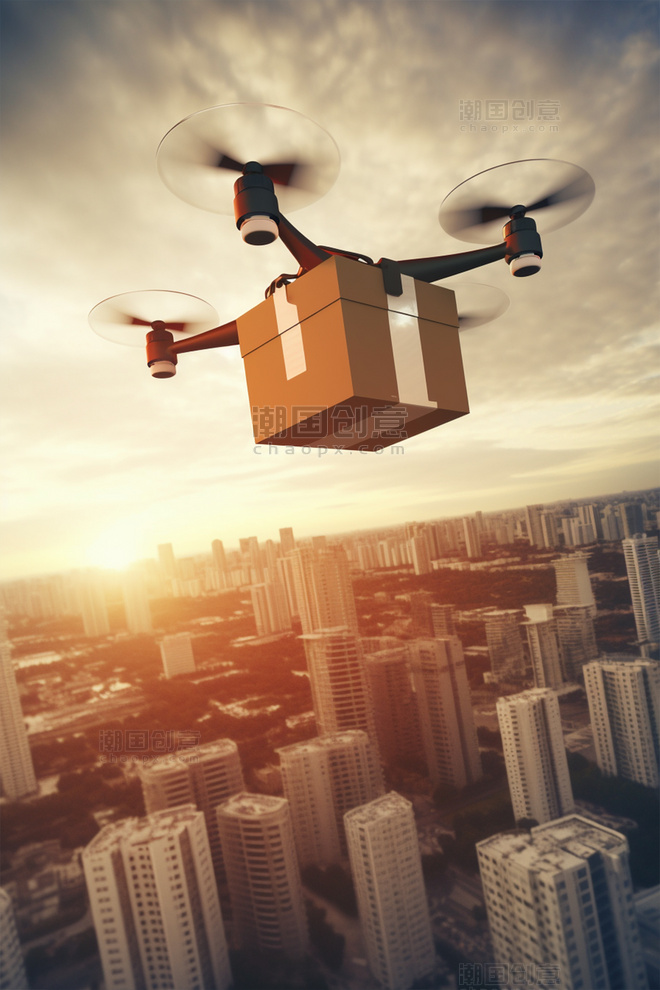 无人机在夕阳下城市高楼空中飞行快递送货科技智能家电