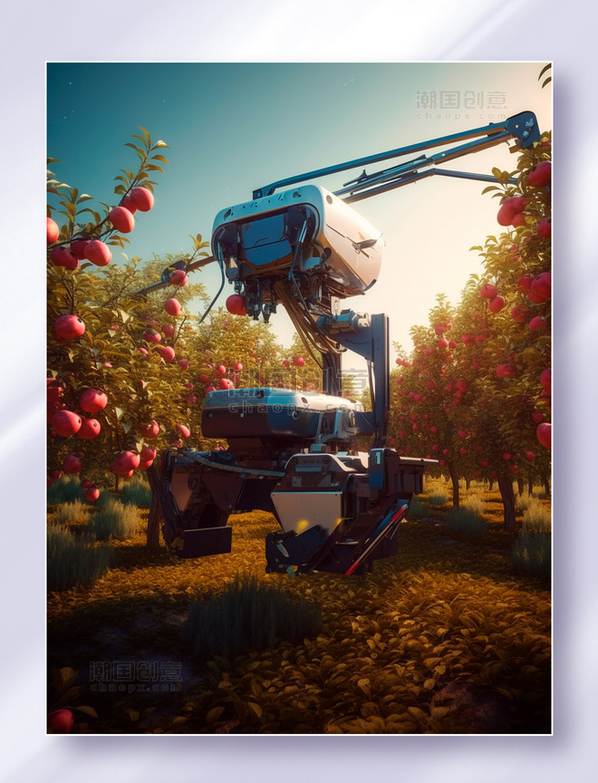 正在进行采果作业的一体自动化苹果收果机智慧农业