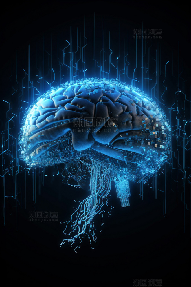 3D立体科技风蓝色冷色发光赛博朋克人工智能芯片大脑