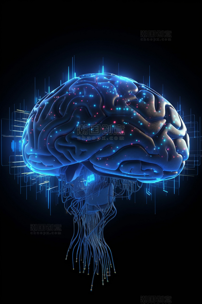 3D立体科技风蓝色冷色发光赛博朋克人工智能芯片大脑信息