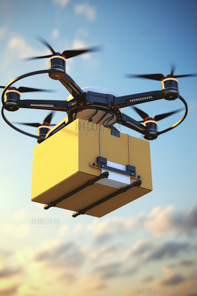 无人机在空中飞行快递送货黄色快递箱科技智能家电