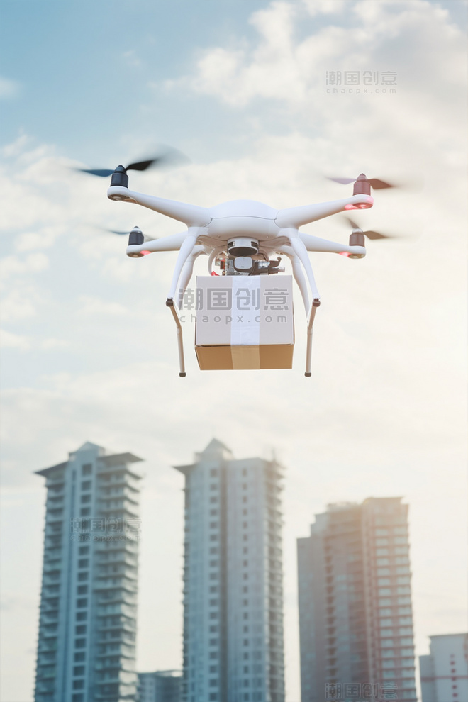 无人机在城市高楼空中飞行快递送货科技智能家电