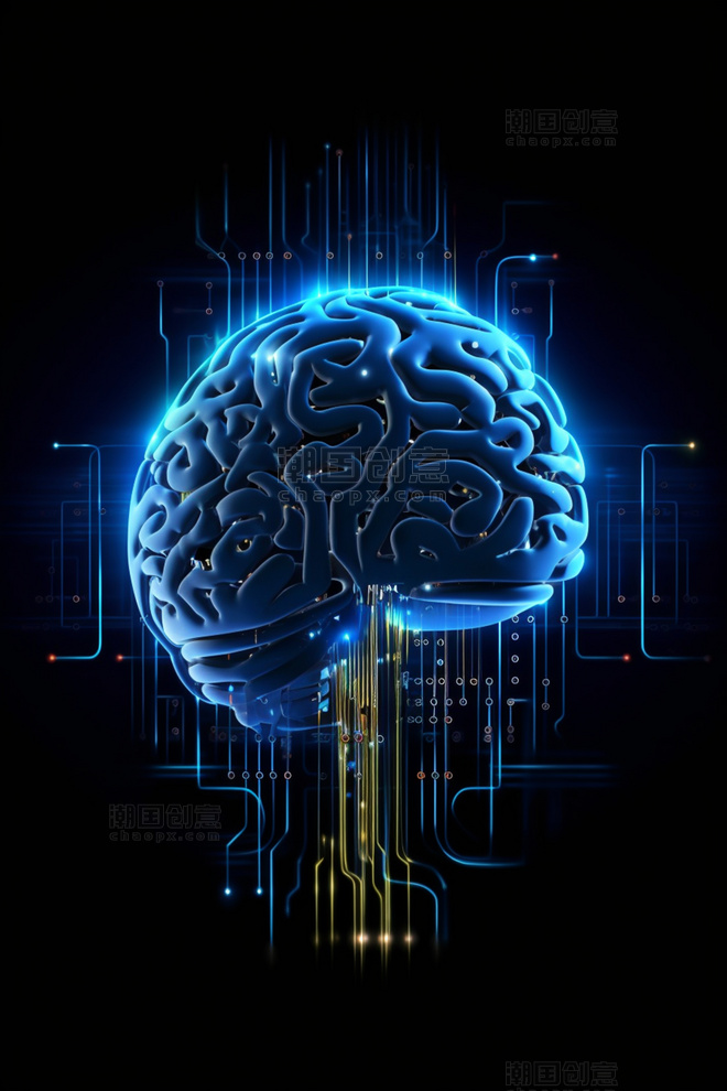 3D立体科技风蓝色冷色赛博朋克人工智能芯片大脑传输信息