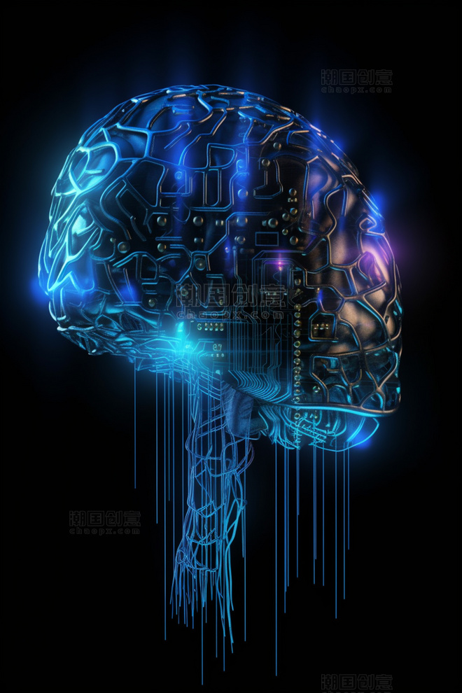 3D立体科技风蓝色紫色冷色赛博朋克人工智能信息传输芯片大脑