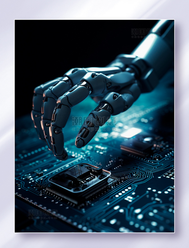 触摸芯片面板的白色科幻机器人手掌时机械手
