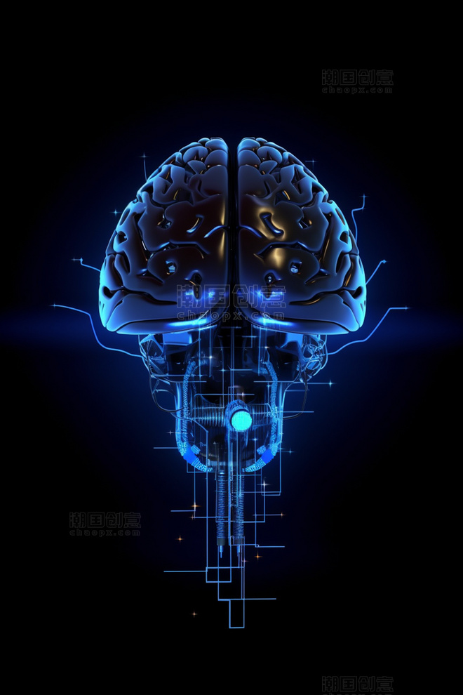 3D立体科技风蓝色冷色赛博朋克人工智能芯片组成大脑传输信息