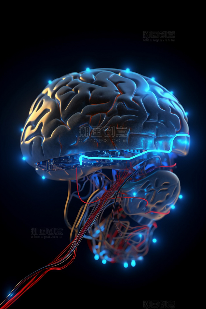3D立体科技风蓝色赛博朋克人工智能信息传输芯片大脑红色电线