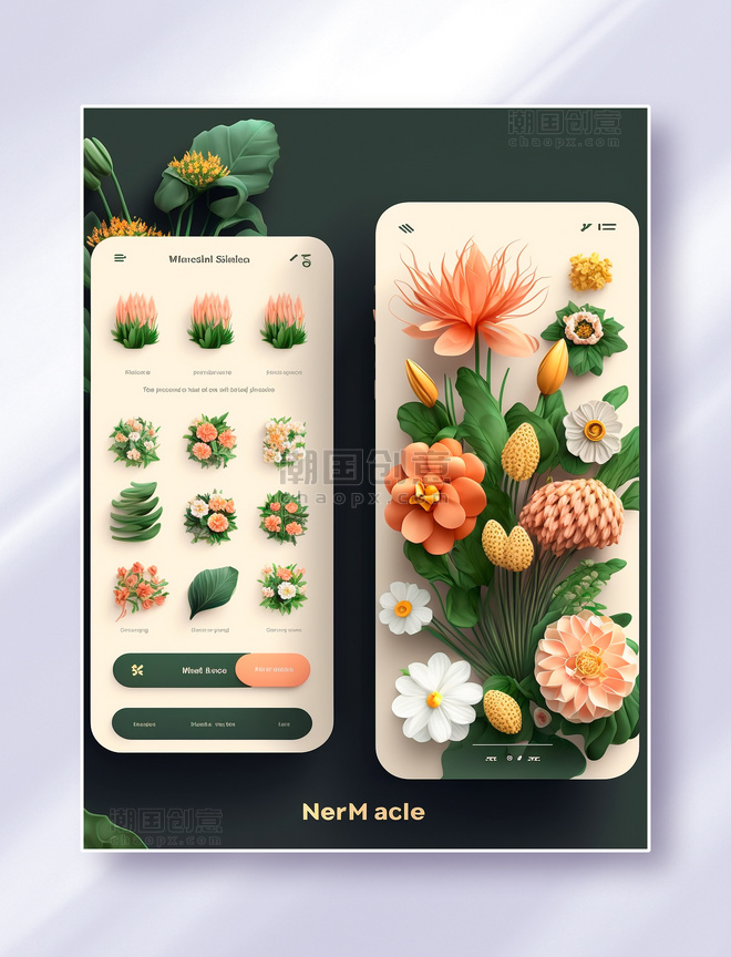 立体花卉植物类主题手机APP应用ui界面电商网购促销