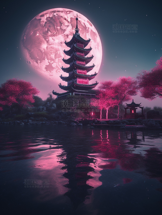 夜晚月亮水面倒影塔场景插画